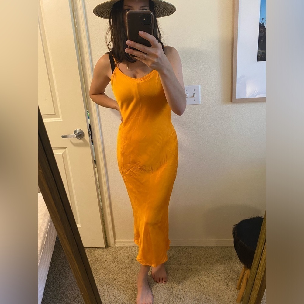 Tan Lines Women’s Satin Aloha Tank Dress Orange Midi M Resortwear Slip Dress